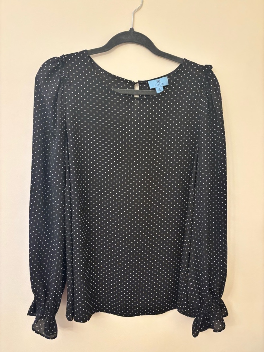 CeCe Black and White Polka Dot Long-Sleeve Blouse Dress
